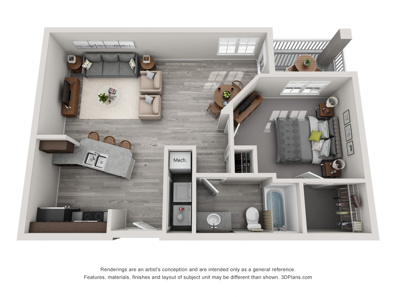 Floor plan for 1 bed, 1 bath, 723 sqft